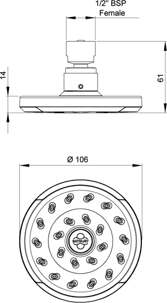 Technical image of Deva Satinjet Kiri Shower Rose With Swivel Joint (Chrome & Slate).