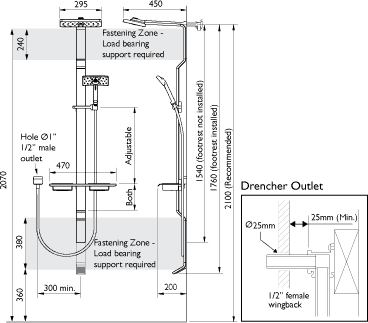 Technical image of Deva Satinjet Tahi Rigid Riser Kit With Drencher & Handset (Chrome).