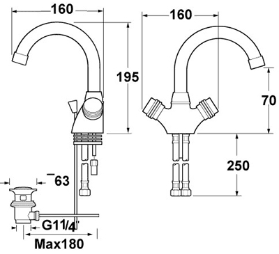 Technical image of Deva Solerno Mono Basin Mixer Tap With Swivel Spout.