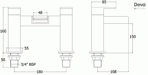 Technical image of Deva Sparkle Waterfall Basin & Bath Filler Tap Set (Chrome).