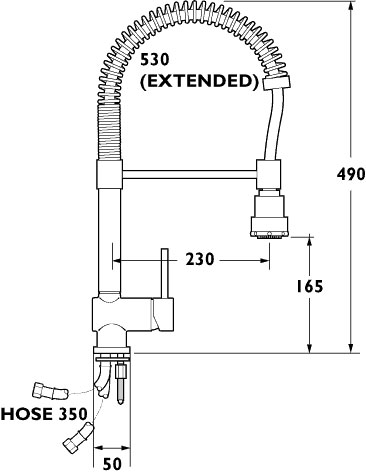 Technical image of Deva Spira Monoblock Kitchen Mixer with Pull Out Rinser.