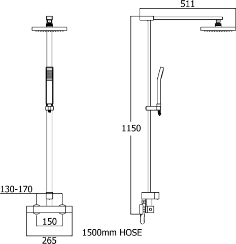 Technical image of Deva Edge Modern Thermostatic Shower Set With Valve, Riser & Head.