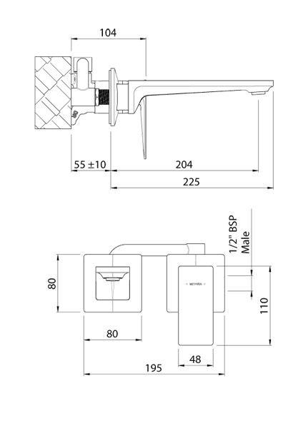 Technical image of Methven Surface Wall Mounted Basin & Bath Mixer Tap Pack (Chrome).