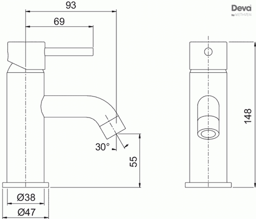 Technical image of Deva Tease Mini Mono Basin Mixer Tap (Chrome).