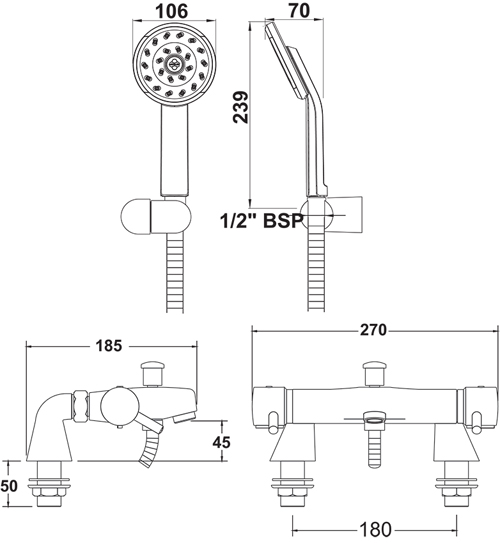 Technical image of Deva Lever Action Thermostatic Bath Shower Mixer Tap With Shower Kit.
