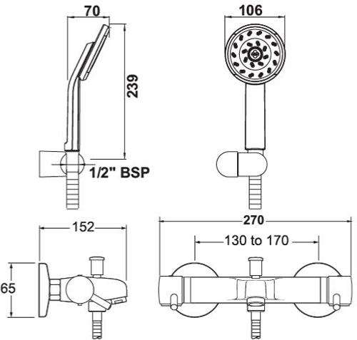 Technical image of Deva Lever Action Wall Mounted Thermostatic Bath Shower Mixer Tap.