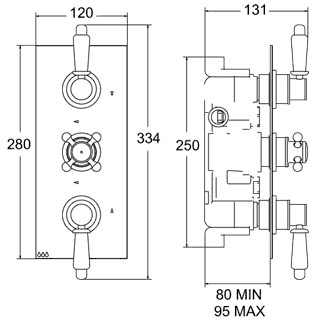 Technical image of Deva TMV2 1/2" Triple Concealed Thermostatic Shower Valve (Chrome).