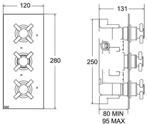 Technical image of Deva TMV2 1/2" Triple Concealed Thermostatic Shower Valve (Chrome).