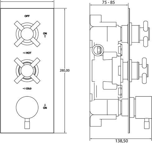 Technical image of Deva DTV3 Thermostatic TMV2 1/2" Triple Concealed Shower Valve (Chrome).