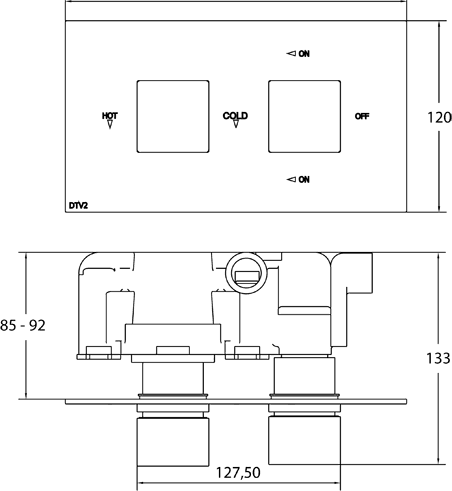 Technical image of Deva DTV2 Thermostatic TMV2 1/2" Twin Concealed Shower Valve (Chrome).