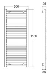 Technical image of TR Rads Curved Towel Rail. 500x1180mm. 2010 BTU.