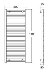 Technical image of TR Rads Curved Towel Rail (White). 500x1180mm. 1495 BTU.