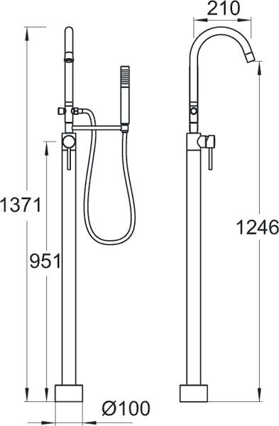 Technical image of Deva Vision Mono Bath Shower Mixer With Stand Pipe And Shower Kit.