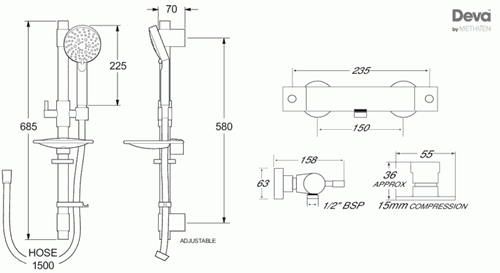 Technical image of Deva Vision Thermostatic Bar Shower Valve With Multi Mode Kit (Chrome).