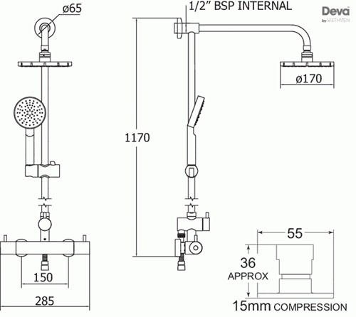 Technical image of Deva Vision Thermostatic Bar Shower Valve With Rigid Riser Kit.