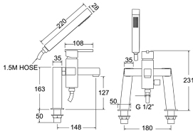 Technical image of Deva Zonos Bath Shower Mixer Tap With Shower Kit And Wall Bracket.