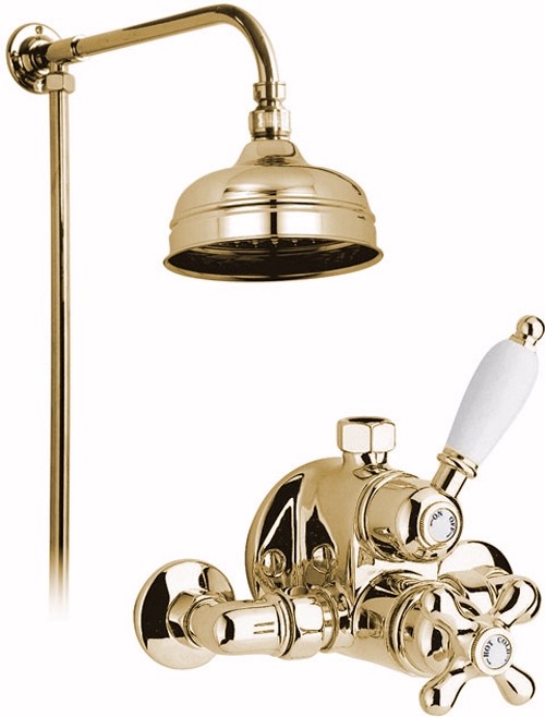Larger image of Vado Westbury Gold thermostatic valve, rigid riser and 8" head.
