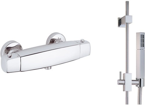 Larger image of Vado Mix2 Exposed thermostatic shower valve with slide rail shower kit.
