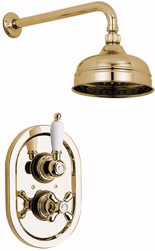 Larger image of Vado Westbury Gold thermostatic shower valve with fixed shower head.