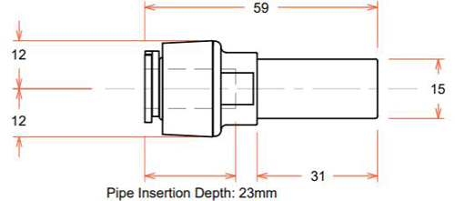 Technical image of FloFit+ Push Fit Straight Stem Reducer (10mm / 15mm).