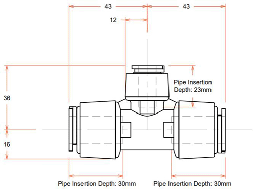 Technical image of FloFit+ Push Fit Reducing Tee (15mm / 15mm / 10mm).