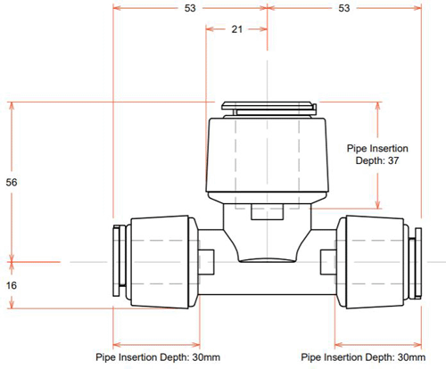 Technical image of FloFit+ Push Fit Reducing Tee (15mm / 15mm / 22mm).