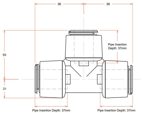 Technical image of FloFit+ Push Fit Tee (22mm).