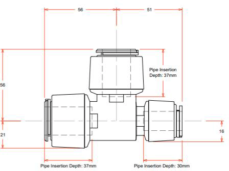 Technical image of FloFit+ Push Fit Reducing Tee (22mm / 15mm / 22mm).