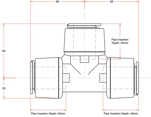 Technical image of FloFit+ Push Fit Tee (28mm).