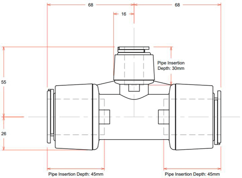 Technical image of FloFit+ 5 x Push Fit Reducing Tees (28mm / 28mm / 15mm).