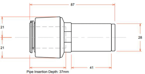 Technical image of FloFit+ Push Fit Straight Stem Reducer (22mm / 28mm).
