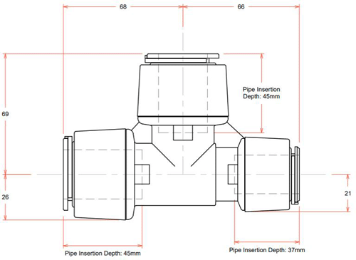 Technical image of FloFit+ Push Fit Reducing Tee (28mm / 22mm / 28mm).