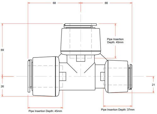 Technical image of FloFit+ 5 x Push Fit Reducing Tees (28mm / 22mm / 28mm).