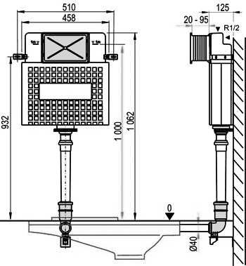 Technical image of Pegler Frames Concealed System Dual Flush Toilet Cistern.