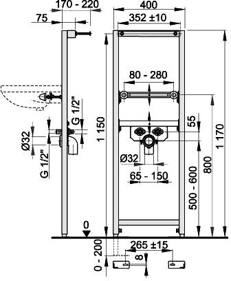 Technical image of Pegler Frames Frame For Wall Hung Basin (1170x400mm).