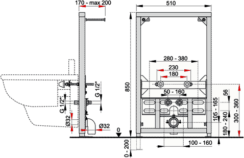 Technical image of Pegler Frames Frame For Wall Hung Bidet (850x510mm).