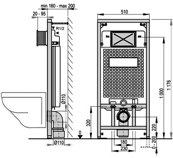 Technical image of Pegler Frames Frame With Cistern For Wall Hung WC (1176x510mm).