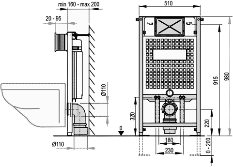 Technical image of Pegler Frames Frame With Cistern For Wall Hung WC (980x510mm).