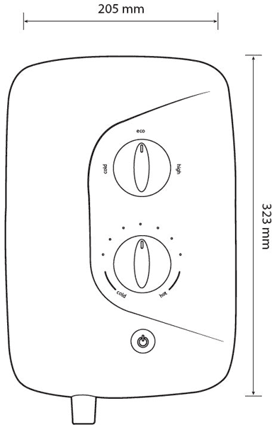 Technical image of Galaxy Showers Aqua 3500M Electric Shower 9.5kW (White & Chrome).