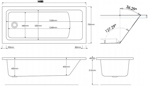 Technical image of Hydracast Solarna Single Ended Bath (1600x700mm).