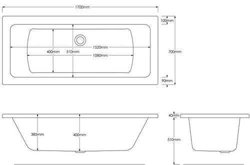 Technical image of Hydracast Solarna Double Ended Whirlpool Bath With 6 Jets (1700x700mm).