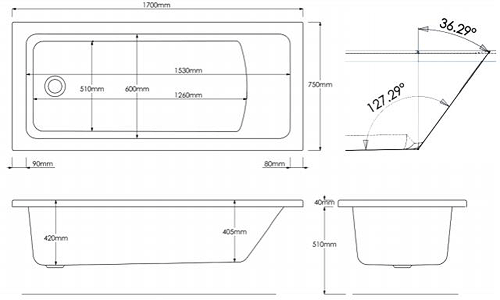 Technical image of Hydracast Solarna Single Ended Whirlpool Bath With 14 Jets (1700x750mm).