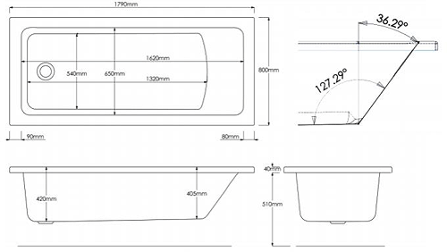 Technical image of Hydracast Solarna Single Ended Whirlpool Bath With 14 Jets (1800x800mm).