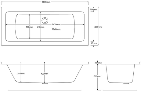 Technical image of Hydracast Solarna Double Ended Turbo Whirlpool Bath With 14 Jets (1800x800mm)
