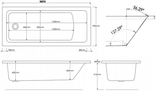 Technical image of Hydrabath Solarna Single Ended Whirlpool Bath With 6 Jets (1675x700mm).