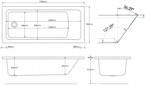 Technical image of Hydrabath Solarna Single Ended Whirlpool Bath With 14 Jets (1700x700mm).