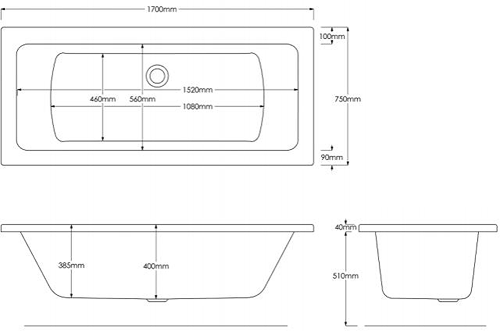 Technical image of Hydrabath Solarna Double Ended Whirlpool Bath With 14 Jets (1700x750mm).