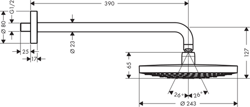 Technical image of Hansgrohe Raindance Select S 240 2 Jet EcoSmart Shower Head & Wall Arm.