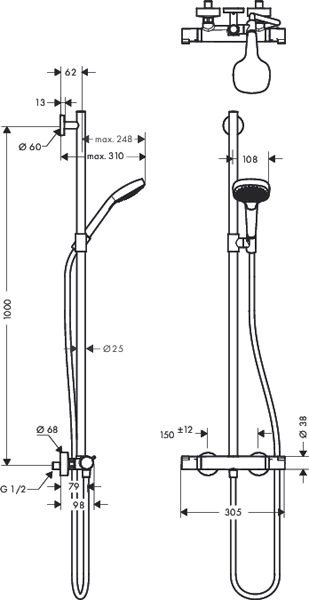 Technical image of Hansgrohe Croma Select E Eco Semipipe Shower Pack (White & Chrome).