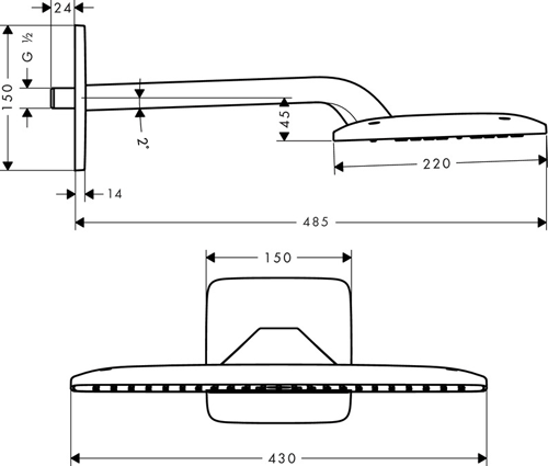 Technical image of Hansgrohe Raindance E 420 Air 1 Jet Shower Head & Arm (430x220, Chrome).